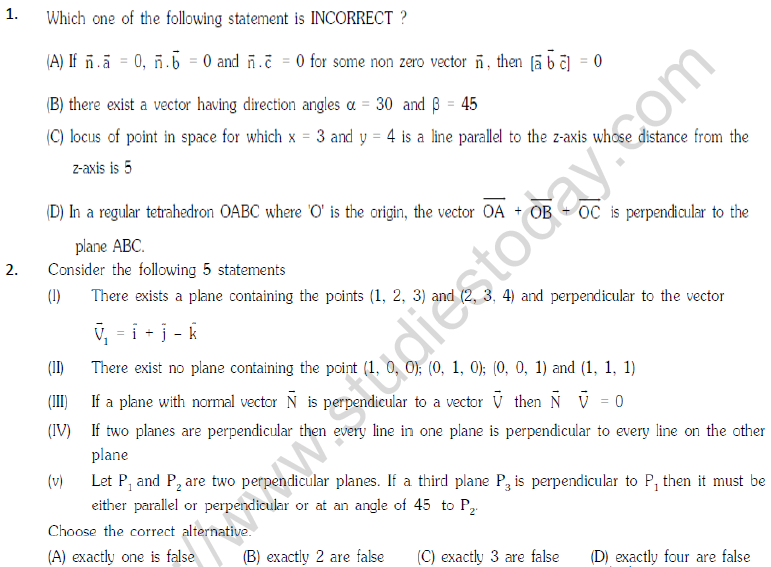 Jee mathematics three dimensional geometry mcqs set c with answers